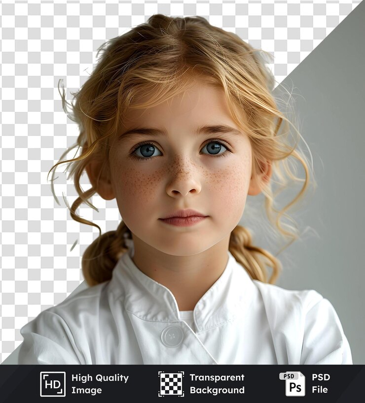 PSD imagen transparente de alta calidad de una niña con pecas y cabello claro con un abrigo blanco