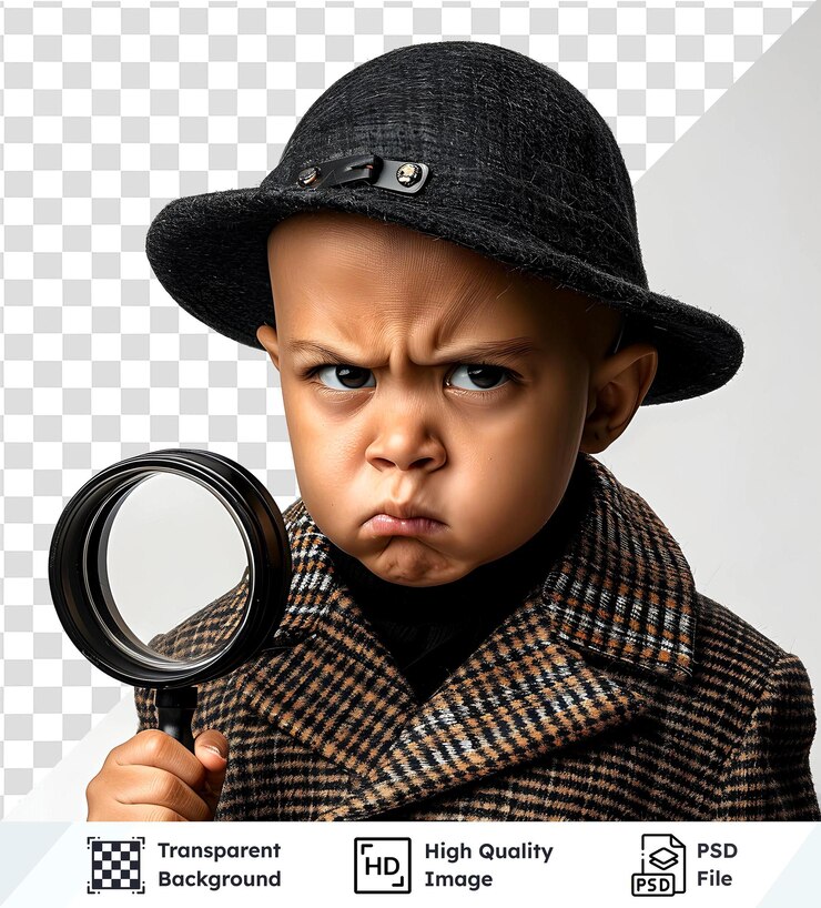 PSD imagen transparente de alta calidad de un niño detective un niño pequeño malhumorado investiga misteriosamente wea