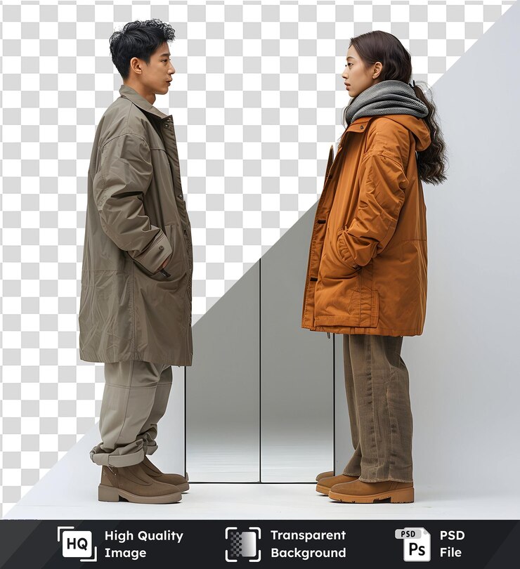 PSD imagen transparente de alta calidad de una pareja con abrigos posando elegantemente en un set de estudio minimalista