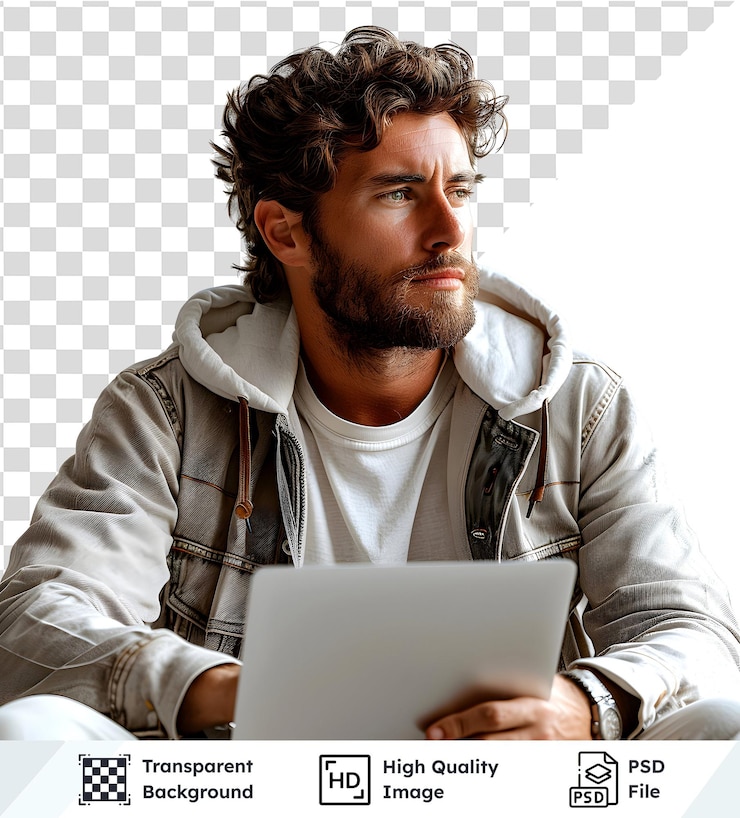 PSD imagen transparente de un hombre con ropa casual sosteniendo una computadora portátil con una expresión reflexiva