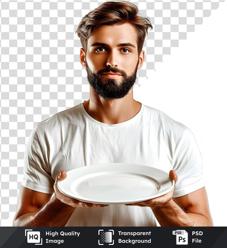 PSD imagen transparente de un hombre sosteniendo un plato vacío con un fondo blanco