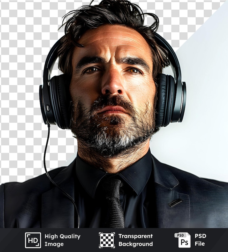 PSD imagen transparente de un hombre con traje negro y auriculares