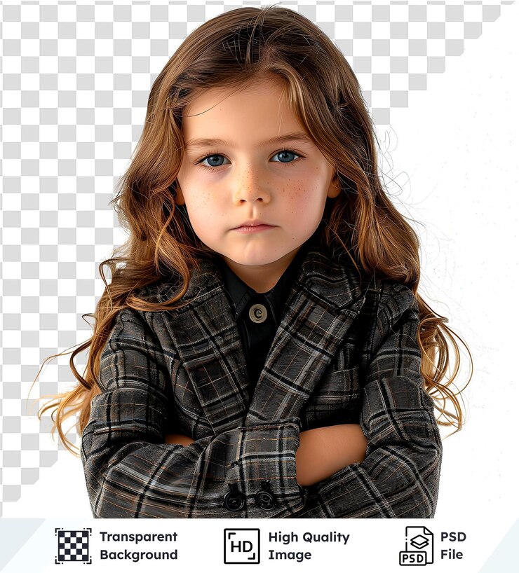 PSD imagen transparente de una niña con una chaqueta a cuadros que se ve seria con los brazos cruzados