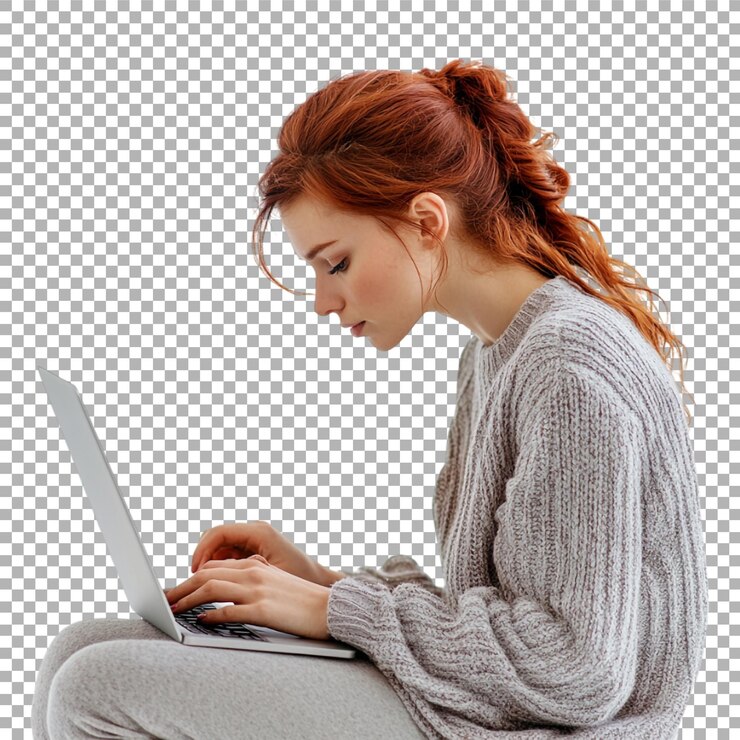 PSD imagen transparente o png de una mujer sentada usando una computadora portátil y trabajando