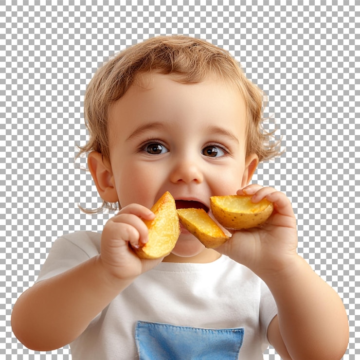 PSD imagen transparente o png de un niño disfrutando de cuñas de patata en la mesa