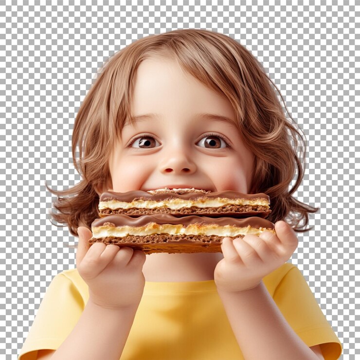 PSD imagen transparente o png de un niño sosteniendo un pastel con capas de chocolate y crema