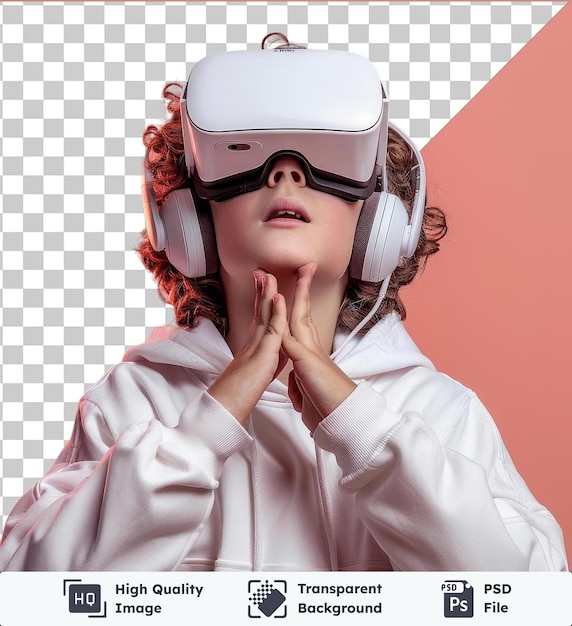 Imagen transparente premium psd niño usando gafas vr con auriculares toma media de niño adolescente usando y tocando auriculares de realidad virtual frente a una pared rosada con un manguito blanco visible en su