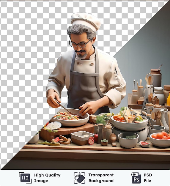 Imagen transparente psd chef 3d cocinando una comida gourmet frente a una pared gris y blanca con un sombrero blanco y gafas negras con un cuenco blanco y cuchara de plata en el