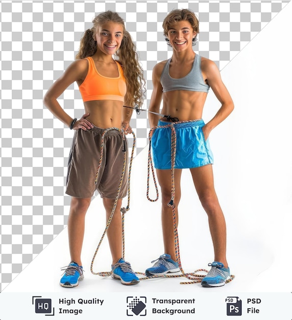 PSD imagen transparente psd dos adolescentes felices niño y niña con cuerda de salto hablando y sonriendo mientras están de pie descansando después del entrenamiento