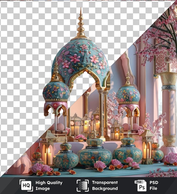 PSD imagen transparente psd eid al fitr artesanías tradicionales exhibidas en una mesa adornada con una variedad de flores coloridas, incluidas flores naranjas, rosas y blancas un plato azul y