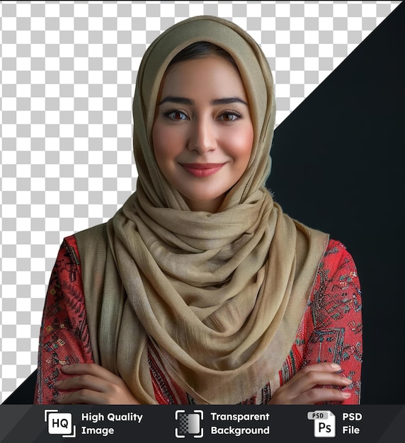 PSD imagen transparente psd joven mujer de negocios en un hijab con una cara sonriente ojos marrones y una nariz grande con una bufanda marrón y sosteniendo una mano hasta su cara