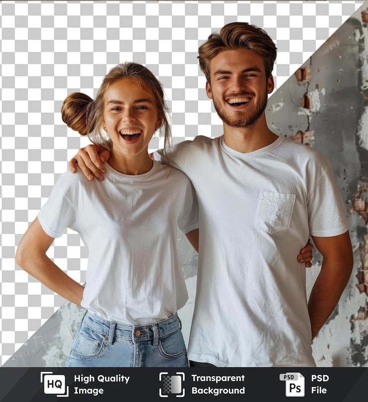 PSD imagen transparente psd joven pareja linda en camisetas blancas y vaqueros azules de pie en el nuevo apartamento y regocijarse en la felicidad