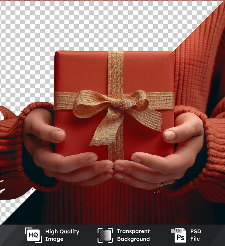 PSD imagen transparente de psd de las manos de un hombre sosteniendo una caja de regalo roja con cinta de oro con un arco de oro
