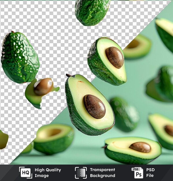 PSD imagen transparente de psd de maquillaje de aguacates voladores en una mesa verde