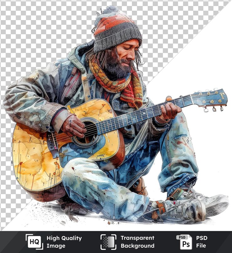 PSD imagen transparente en psd de un músico callejero tocando la guitarra con pantalones vaqueros azules y bufanda roja con