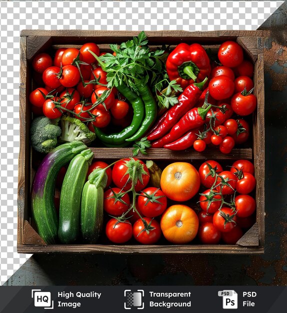 PSD imagen transparente de psd de verduras frescas en una caja de madera vista superior