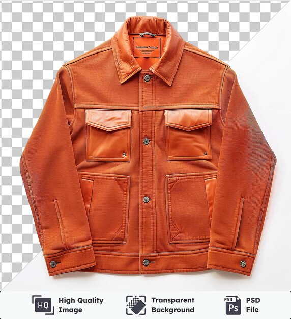 PSD imagen transparente psd vista delantera captura una chaqueta premium etiqueta de tela de material de cuero naranja