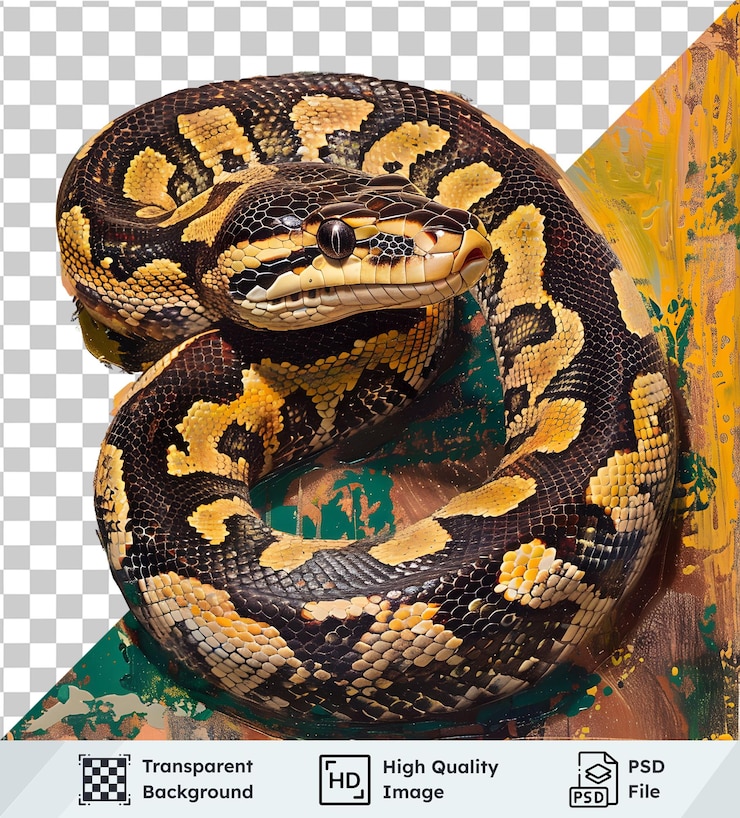 PSD imagen transparente de una serpiente pitón enrollada sobre un fondo abstracto una representación artística detallada