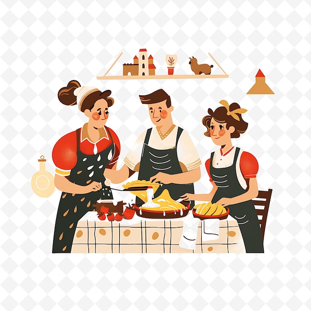 una imagen de tres personas cocinando en una cocina con una mesa con comida