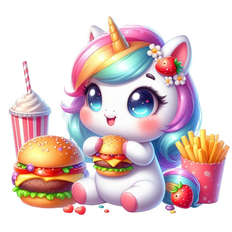 PSD una imagen de un unicornio con un corte de pelo arco iris y un pony con una taza de refresco y una hamburguesa