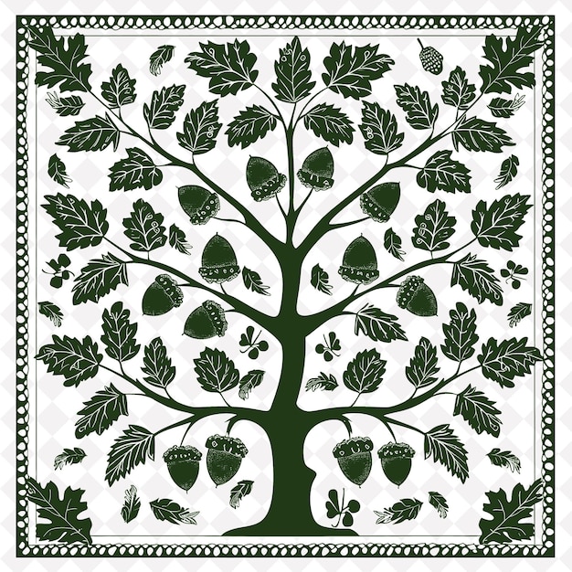 Una imagen verde y blanca de un árbol con hojas y flores