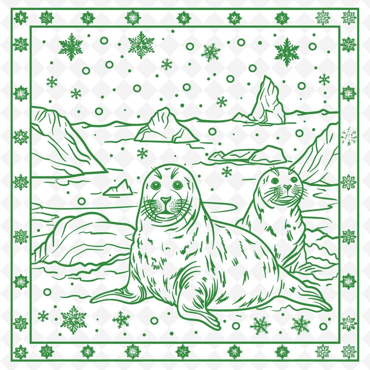 PSD una imagen verde y blanca de dos leones marinos en un fondo verde