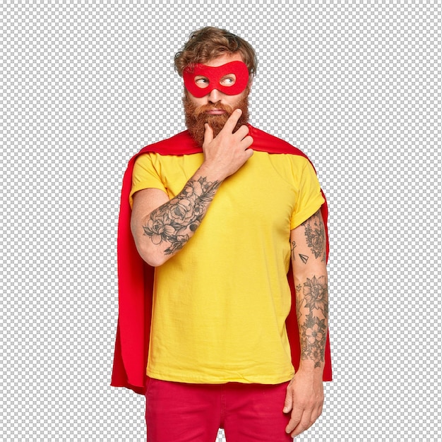 Imagen vertical de superhéroe pensativo piensa cómo hacer algo bueno para alguien quiere hacer lo correcto