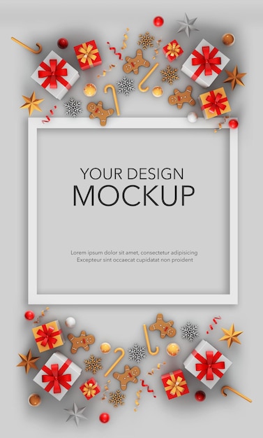 Imagen vertical de una tarjeta con regalos y adornos navideños, maqueta