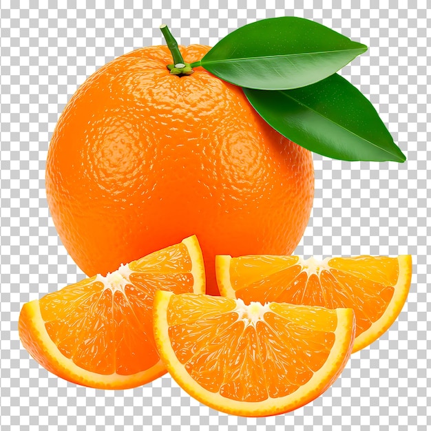 Una imagen vibrante de una naranja entera con segmentos en rodajas perfecta para proyectos relacionados con la comida