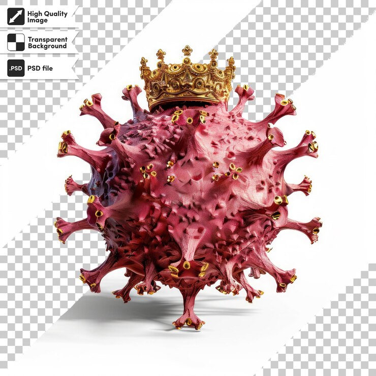 PSD una imagen de un virus rosa con una corona de oro en él