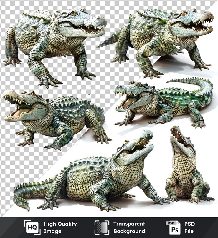 PSD imágenes de dibujos animados de cocodrilos en varias poses aislados en un fondo transparente