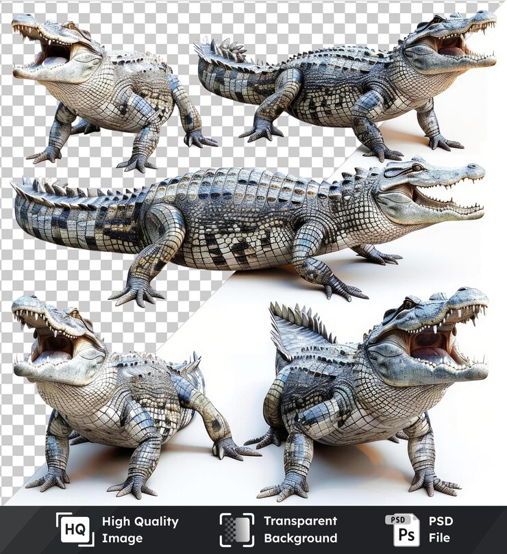 PSD imágenes de dibujos animados de cocodrilos en varias poses aislados en un fondo transparente
