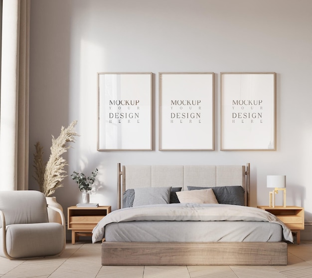imágenes enmarcadas en una pared en el fondo interior del dormitorio con renderización 3D de estilo boho moderno