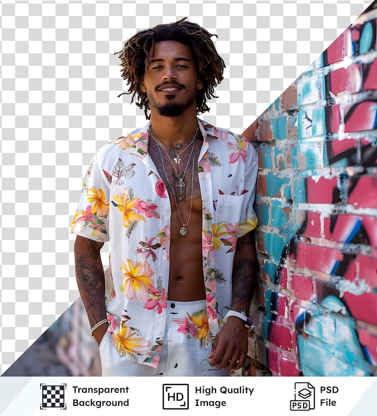 PSD imágenes transparentes de alta calidad de camisas florales un hombre modela una vibrante camisa hawaiana contra una g