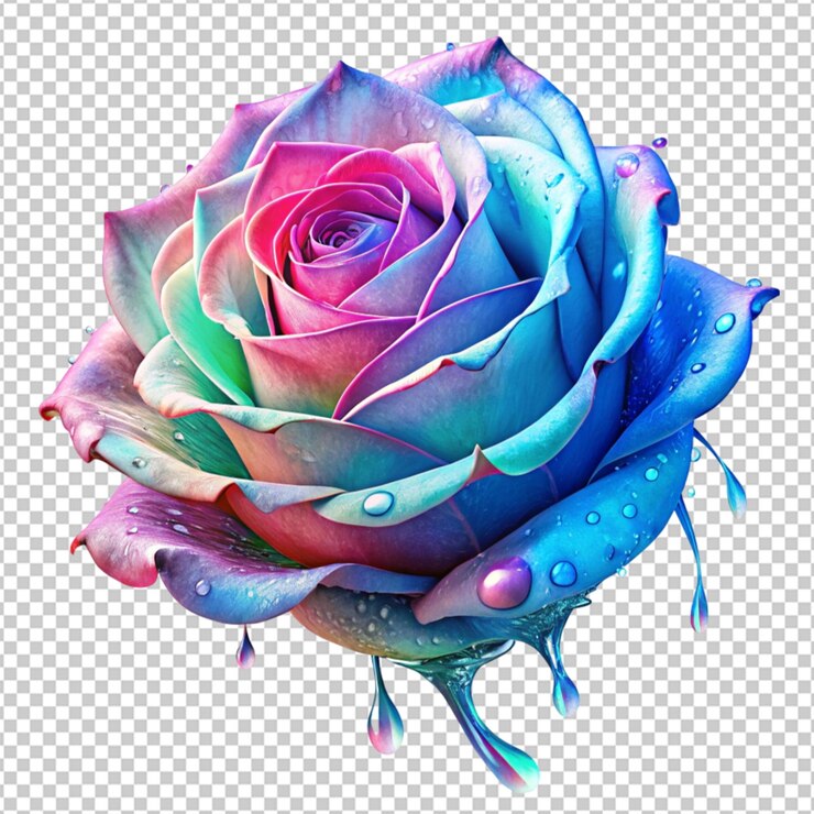 PSD imagina una flor de rosa con color rosa y azul y su ramita verde claro gotas de rocío