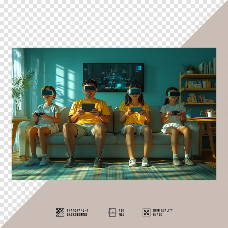 PSD imagine una familia de cinco personas sentadas en un sofá sin un fondo de calidad hd