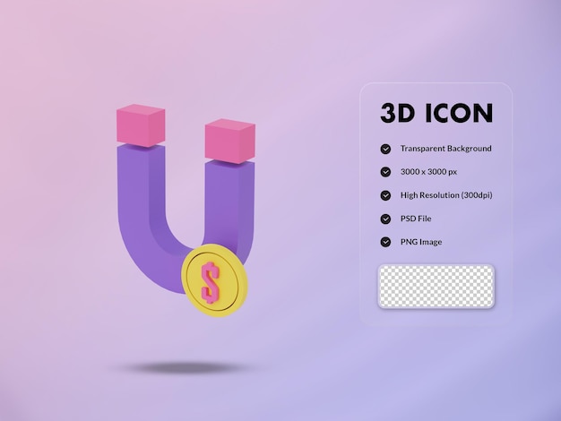 Imán 3D e icono de moneda de dólar 3D Render ilustración