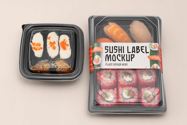 Imballaggio per alimenti asiatici in plastica con mock-up di etichette per sushi