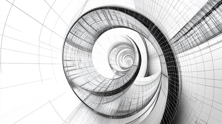 PSD immagine astratta in scala di grigio di una struttura architettonica a spirale che suggerisce profondità e complessità