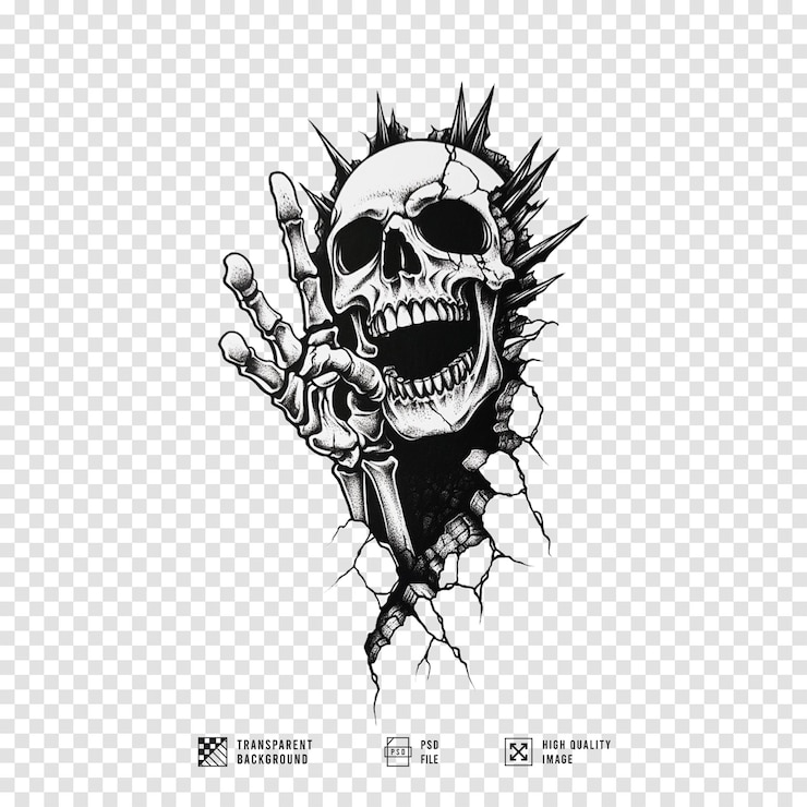 PSD immagine del tatuaggio della mano dello scheletro che si rompe con uno sfondo trasparente
