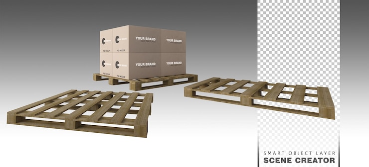 PSD immagine di rendering 3d di scatole su pallet di legno