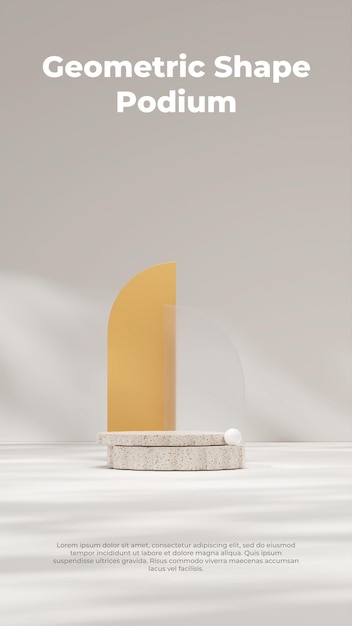 Immagine di rendering 3d mockup del podio terrazzo in verticale con sfondo in vetro giallo e smerigliato