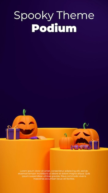 Immagine di rendering 3d mockup di podio giallo in verticale con jack o lantern e confezione regalo