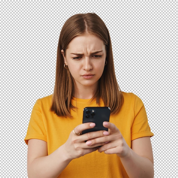 Immagine di una ragazza bionda che sembra confusa al cellulare notifica di messaggio strano sullo smartphone problema sul cellulare in piedi in maglietta gialla su sfondo bianco