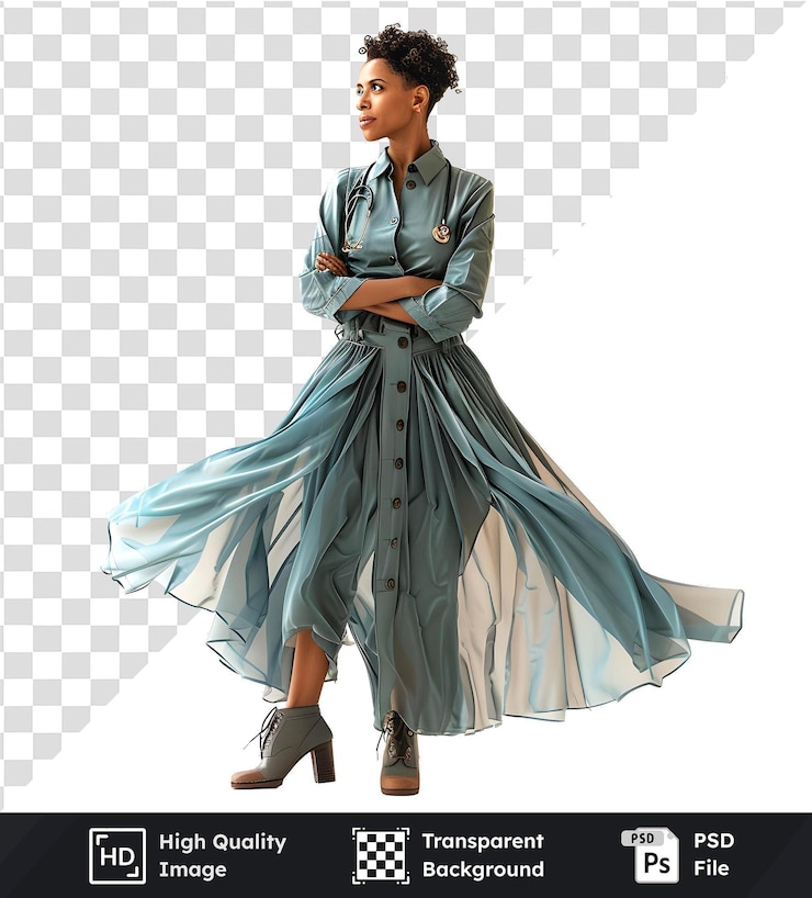 PSD immagine isolata di una donna con un vestito blu con una gonna che scorre e uno stetoscopio