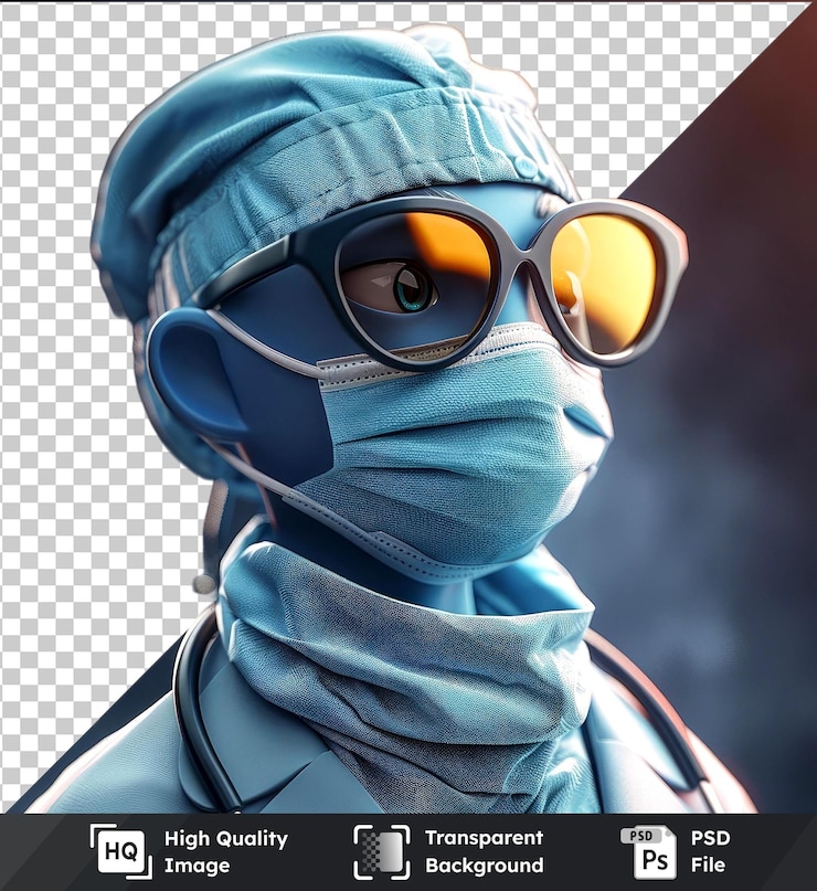 PSD immagine psd 3d dottor cartocharacter mockup in una maschera medica e occhiali da sole