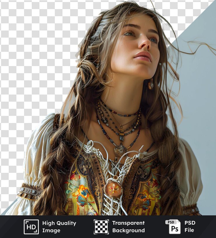 PSD immagine trasparente di una donna con lunghi capelli castani che indossa una collana con diversi incantesimi