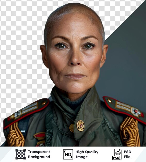 Immagine trasparente di una donna in uniforme militare con un'espressione seria sul viso