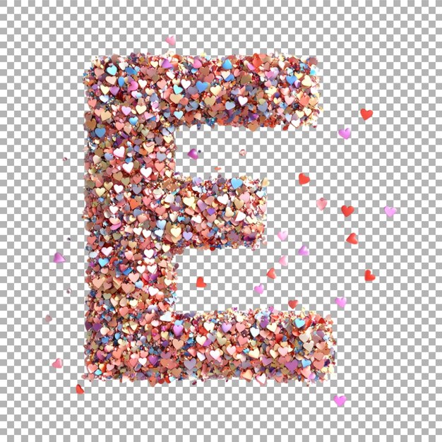 Immagine trasparente o PNG di rendering 3D di un alfabeto E fatto di confetti di cuore