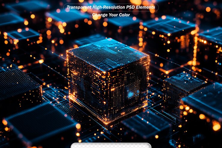 PSD immagini futuristiche di blockchain su uno sfondo oscuro